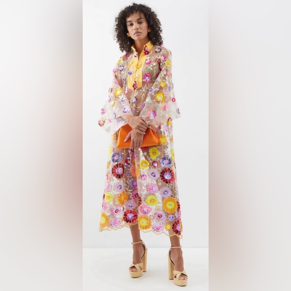 LA VIE Style House sequin embroidered yellow marigold caftan LIKE NEW!